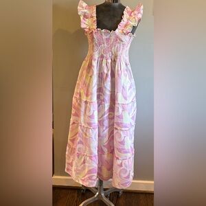 Hill House Ellie Nap Pink Kaleidoscope Smocked Tiered Linen Midi Dress Size L